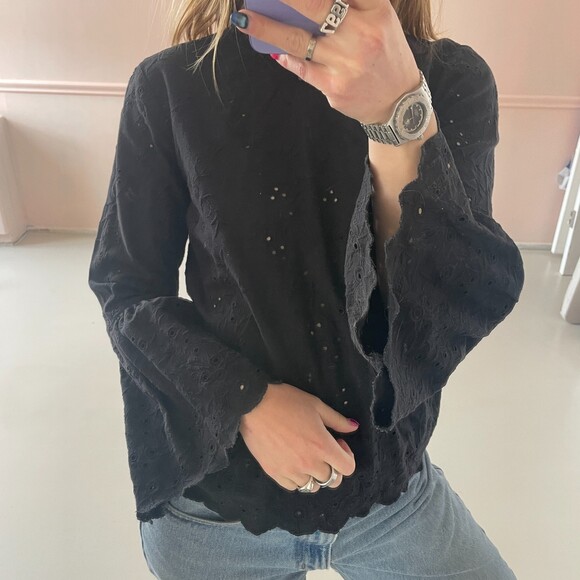 Ulla Johnson Bell Sleeve Eyelet Blouse Top Black 2 - Picture 3 of 7